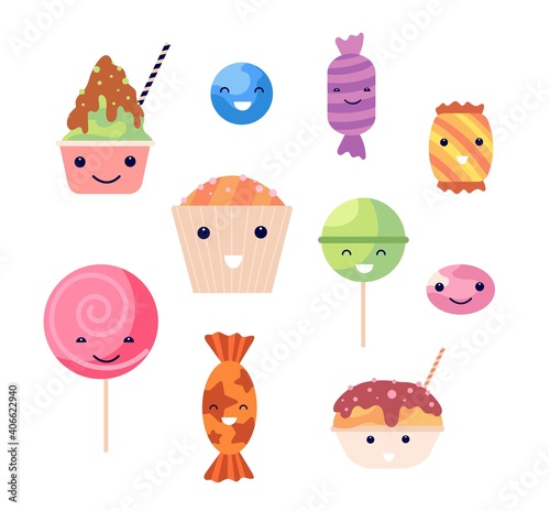 Kawaii sweets. Smile sweet desserts, crazy candy cupcake and lollipops. Emoticon food, isolated biscuits, creamy ice cream utter vector set. Cake character, sweet food, yummy and kawaii illustration