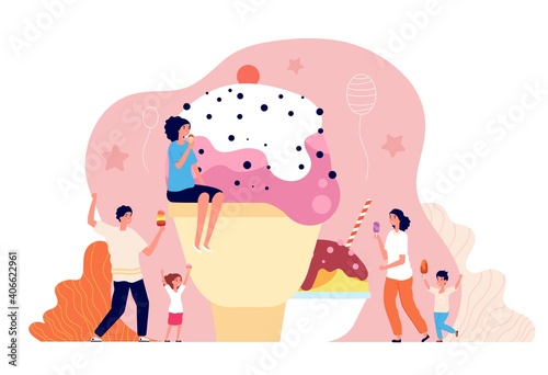 People with ice cream. Family eating dessert, summer cold sweet. Children adults delicious food, utter cartoon creamy balls vector concept. Ice cream dessert, delicious tasty chocolate illustration