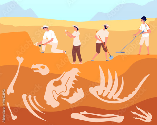Paleontologist. Archeologist discovery, reptile research. Woman shoveling, dinosaur bones in ground utter vector illustration. Paleontologist excavation and discovery, archaeologist find artifact