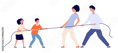 Family game. Child parents pull rope, tug of war play adults children. Relationship balance or generational competition utter vector concept. Family and child confrontation and fight illustration