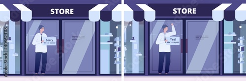 Business lockdown. Market message, opening store for customers. Welcoming to shopping, retail restart or re-open shop utter vector. Business lockdown pandemic, message lock and open illustration