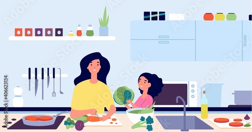 Mother children cook. Mom chef cooking, cartoon parent and daughter preparation food. Fun family on kitchen, dinner time utter vector concept. Mother and daughter cook, cooking dinner illustration
