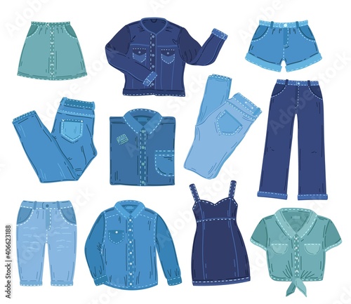 Denim clothes. Fashion jeans clothing, isolated jacket pants shirt. Overall outfit, blue fabric summer mini skirt exact vector collection. Denim wear jeans, clothes and shorts illustration