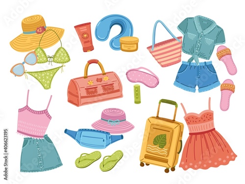 Travel stuff. Traveller suitcase, doodle fashion shoes and clothes. Tourism baggage, vacation or journey bags and accessory exact vector set. Illustration bag and suitcase, shoes and clothes