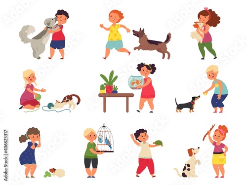 Children and pets characters. Cartoon friends, happy kids hugging animal. Child play petting care, isolated dog cat owners vector set. Illustration owner mouse or kitten, boy happiness with animal