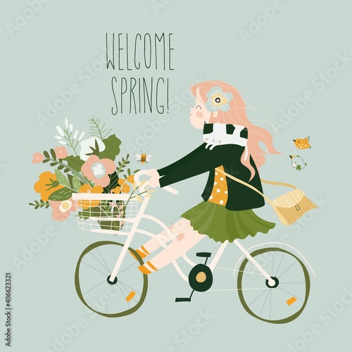 Cute cartoon girl is riding bike with spring bouquet of flowers