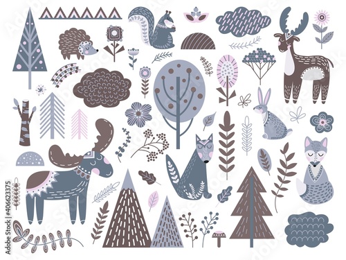 Scandinavian forest. Fashion nordic graphic, cute animals floral elements. Baby swedish modern tree leaves branch deer wolf decent vector set. Scandinavian forest with rabbit and fox drawn