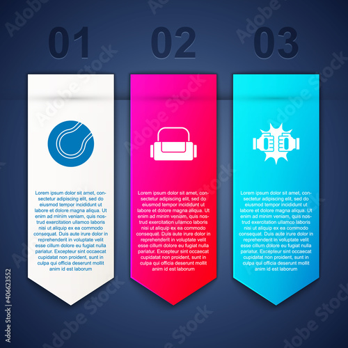 Set Tennis ball, Sport bag and Punch in boxing gloves. Business infographic template. Vector.