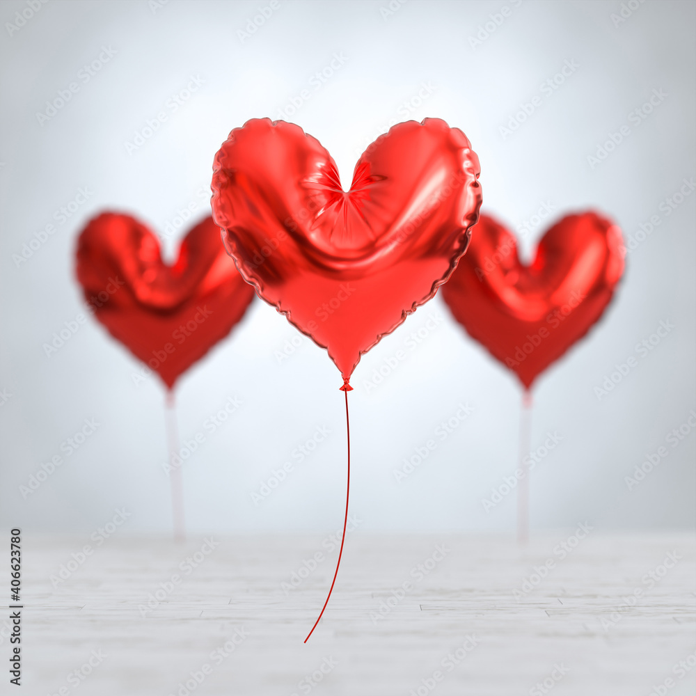 Fototapeta premium Metallic foil red heart shaped balloon, valentines day background.