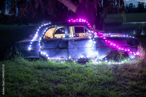 Car wreck with fairy lights