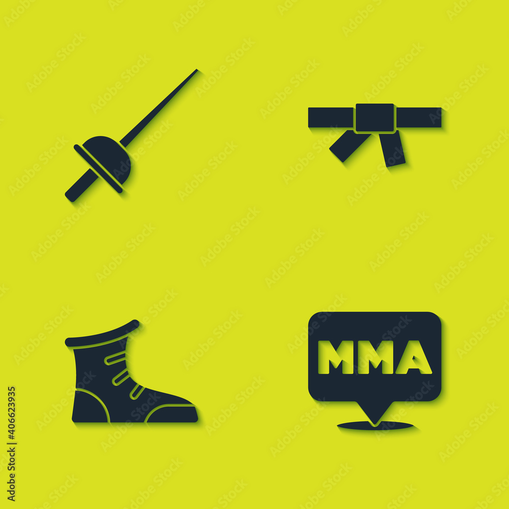 Set Fencing, Fight club MMA, Sport boxing shoes and Black karate belt icon. Vector. Set Fencing, Fight club MMA, Sport boxing shoes and Black karate belt icon. Vector.