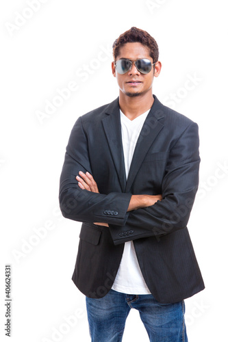 portrait of a handcrossed business man isolated on white photo