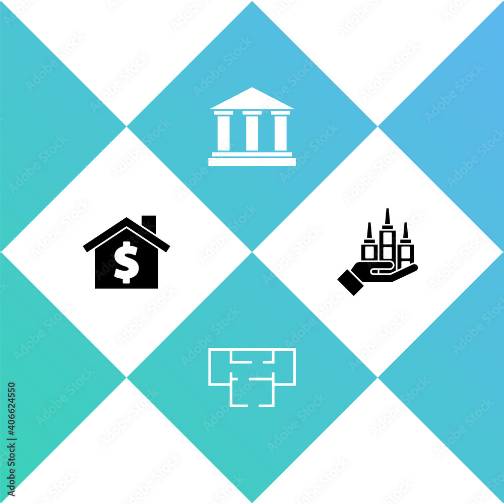 Set House with dollar symbol, plan, Museum building and Skyscraper icon. Vector. Set House with dollar symbol, plan, Museum building and Skyscraper icon. Vector.