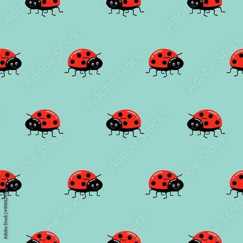 Seamless background with ladybug. Vector illustration on green. Pattern with beetles for tissue, paper, prints and other. © YuliaR
