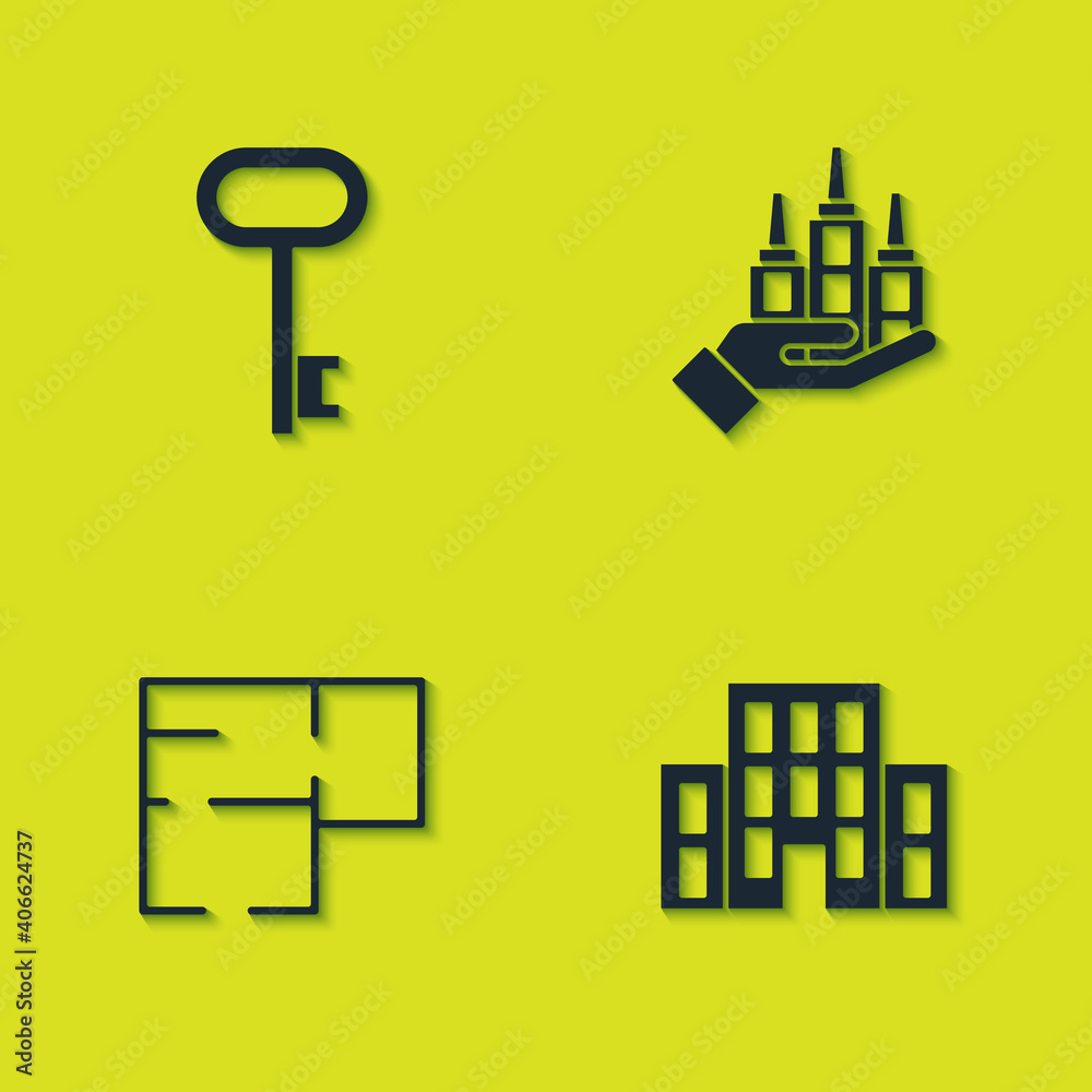 Set House key, , plan and Skyscraper icon. Vector.