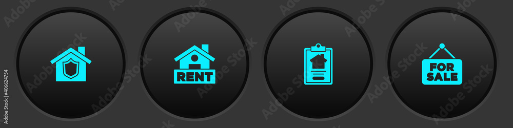Set House with shield, Hanging sign Rent, contract and For Sale icon. Vector. Set House with shield, Hanging sign Rent, contract and For Sale icon. Vector.