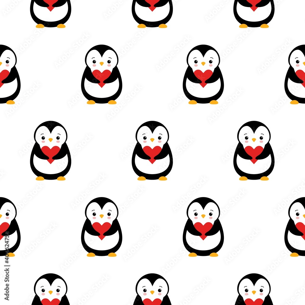 Fototapeta premium seamless pattern texture of penguin and heart on white background.