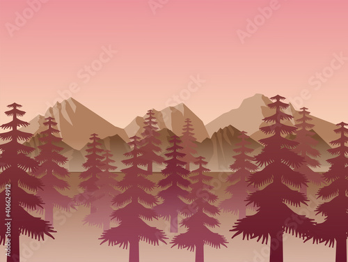 sunrise and Mountain vector landscapes in a flat style. Natural wallpapers are a minimalist, polygonal concept. © auchara