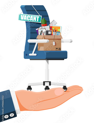 Office chair, sign vacancy. Box with office goods. Hiring and recruiting. Human resources management concept, searching professional staff, work. Found right resume. Vector illustration in flat style