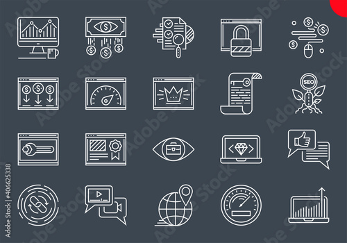 SEO Line Icons Set. SEO Related Vector Line Icons. Website and APP Design and Development. Simple Mono Line Pictogram Pack. Stroke Vector Logo Concept, Web Graphic. Vector icons. Editable Stroke.
