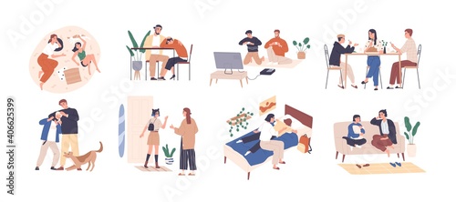 Set of parents and kids spending happy time together playing, talking and supporting children. Collection of family members in good relations. Flat vector illustration isolated on white background