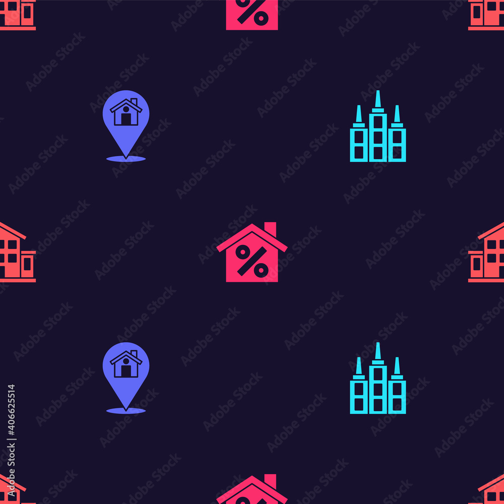 Set Skyscraper, Location with house, House percant discount and on seamless pattern. Vector.