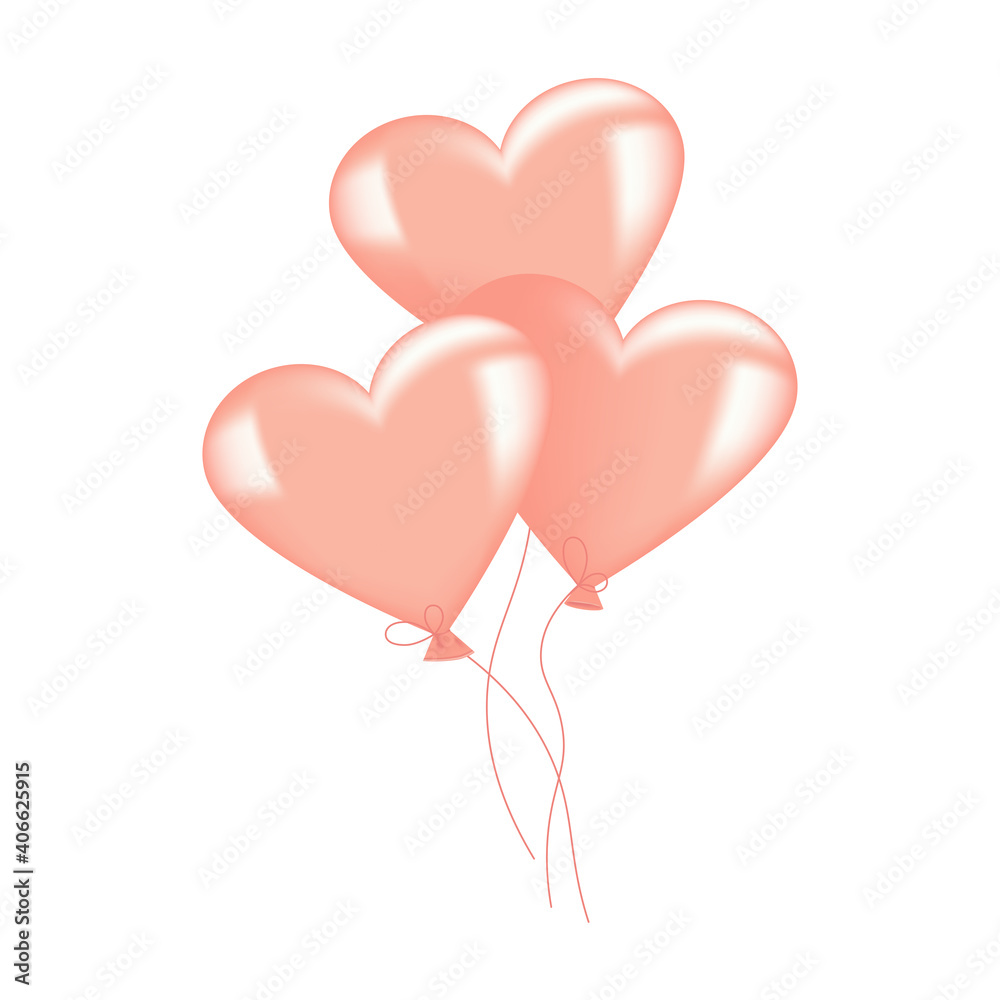 Pink Heart balloons bunch isolated on white background Greeting. Flat Art Vector Illustration
