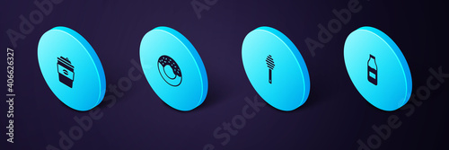 Set Isometric Bottle with milk, Honey dipper stick, Donut and Coffee cup to go icon. Vector.