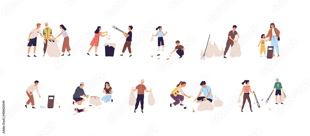 Set of people collecting garbage into bags and throwing rubbish into trash can. Children and adults cleaning nature by picking up litter. Colored flat vector illustration isolated on white background