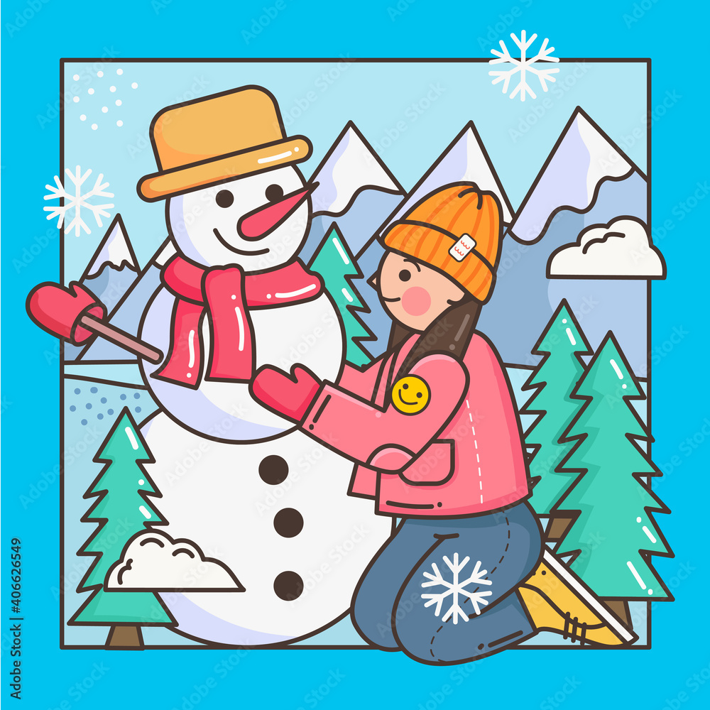Vector illustration of a girl making a snowman in winter Vector illustration of a girl making a snowman in winter