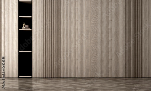 Fototapeta Naklejka Na Ścianę i Meble -  Modern cozy empty living room interior mock up, leather lounge chairs on empty wood wall background, Scandinavian style, 3d render 