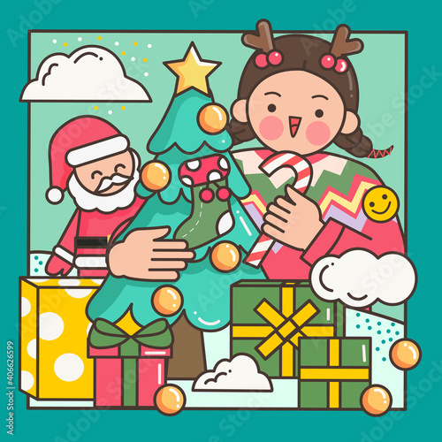 illustration of a girl decorating a Christmas tree © jingzhe