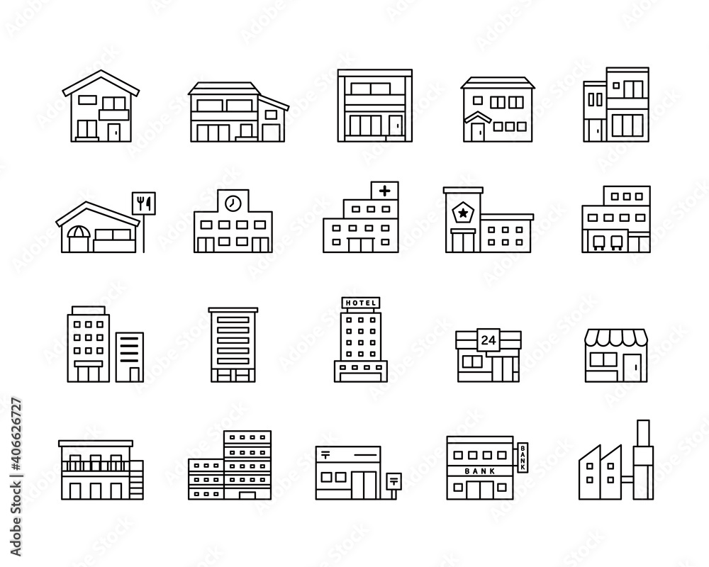 色々な建物・施設のアイコンセット ビル 家 イラスト 住宅 マンション ホテル お店 学校 病院 色々な建物・施設のアイコンセット ビル 家 イラスト 住宅 マンション ホテル お店 学校 病院