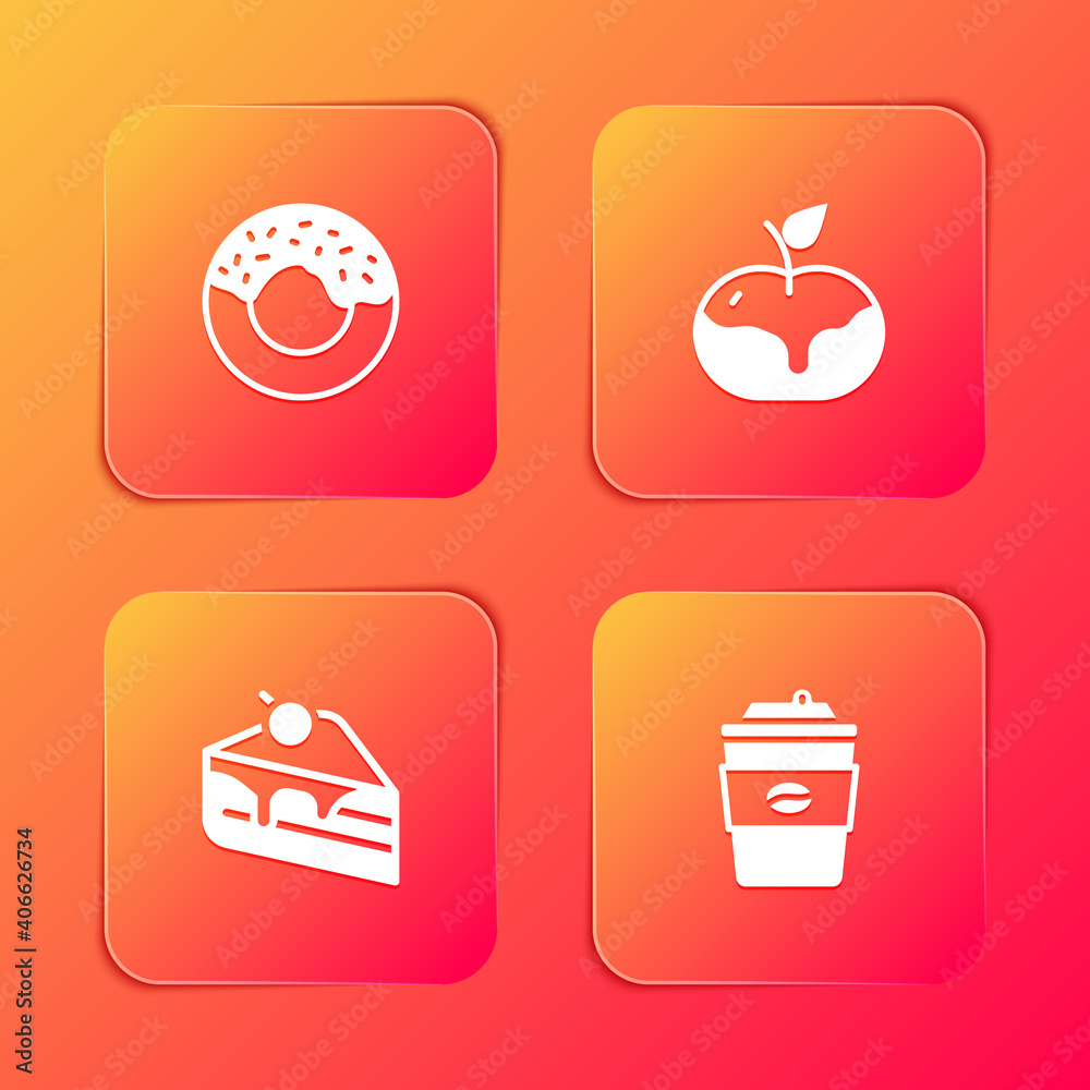Set Donut, Apple in caramel, Piece of cake and Coffee cup to go icon. Vector.