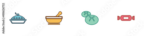 Set Homemade pie, Mortar and pestle, Bread loaf and Candy icon. Vector.