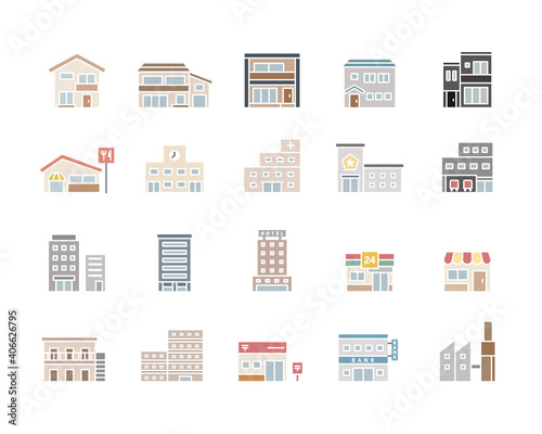 色々な建物・施設のアイコンセット　ビル　家　イラスト　住宅　マンション　ホテル　お店　学校　病院