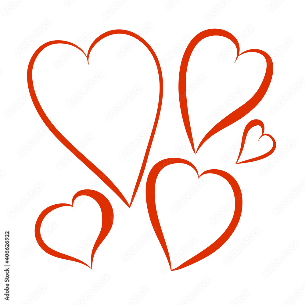 Contour silhouette red heart, set of heart shapes hand drawn flat vector