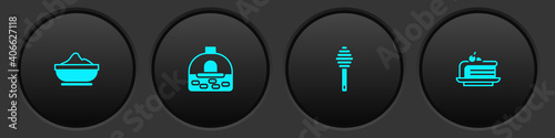 Set Flour bowl, Brick stove, Honey dipper stick and Piece of cake icon. Vector.