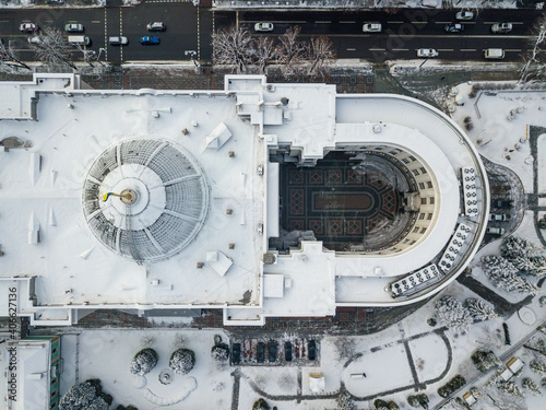 Aerial drone view. Building The Verkhovna Rada of Ukraine is a legislative body Snowy winter.