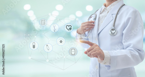 healthcare and medicine technology service concept. doctor touching icon medical network and medical hub.