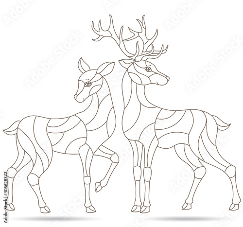 Set of contour illustrations in stained glass style with funny cartoon deers, outline figures isolated on a white background