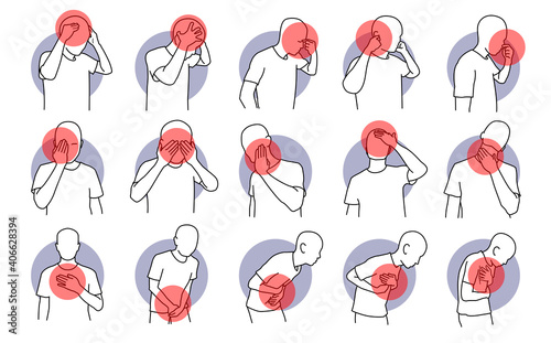 Pain, stress, and illness on human. Vector illustrations of headache, eye pain, sore throat, chest tightness, and abdominal problem. Symptoms of health issues and disease.