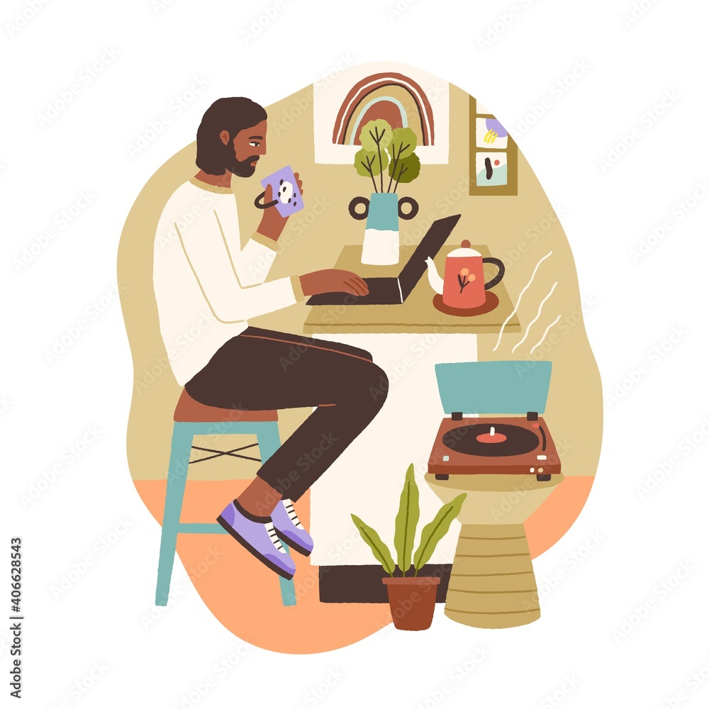 Young man working or studying online at cozy home. Freelancer sitting with laptop, listening to music and drinking tea. Hand-drawn colored flat vector illustration isolated on white background