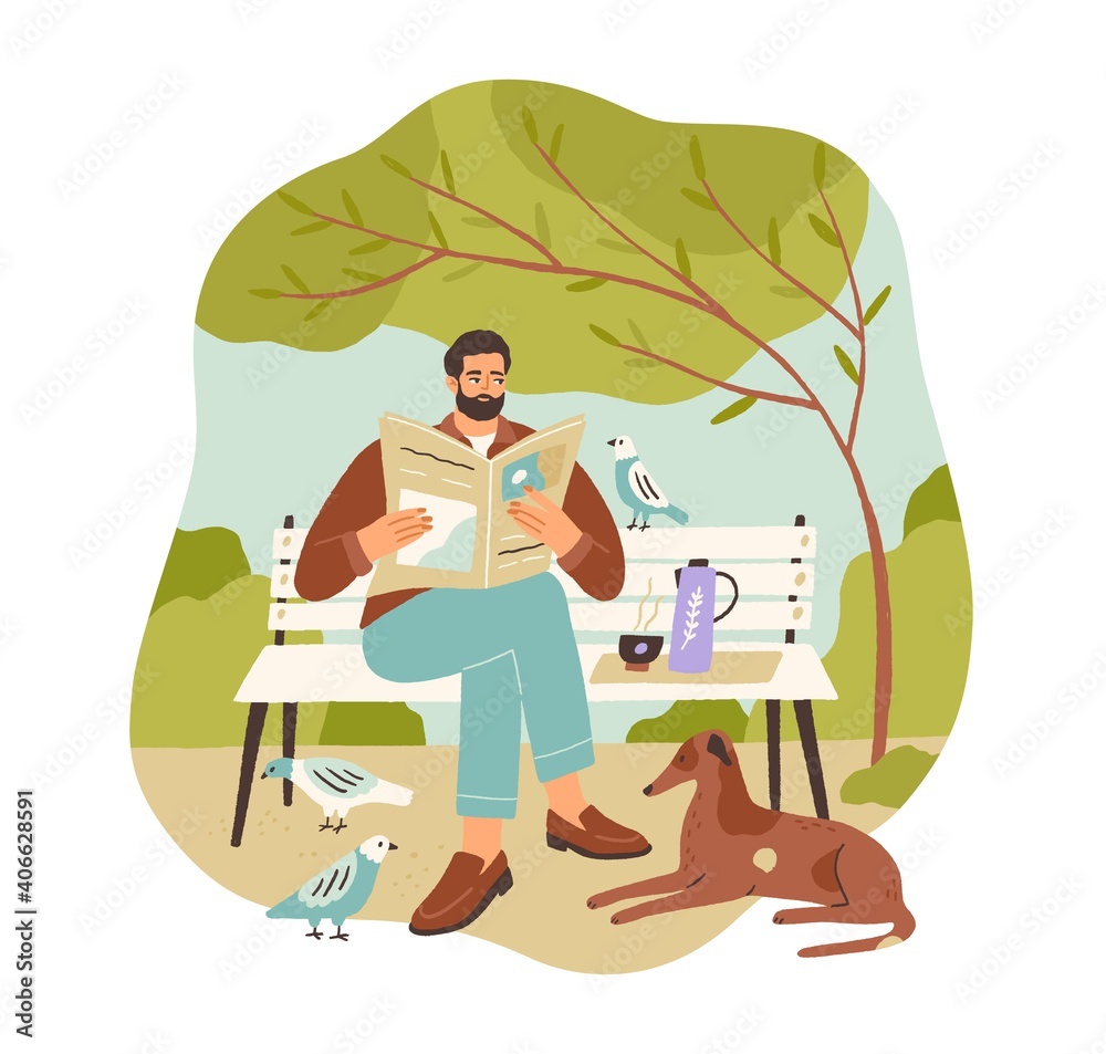 Carefree young man relaxing, enjoying calmness and reading newspaper on bench in park. Concept of slow life. Hand-drawn colored flat vector illustration isolated on white background