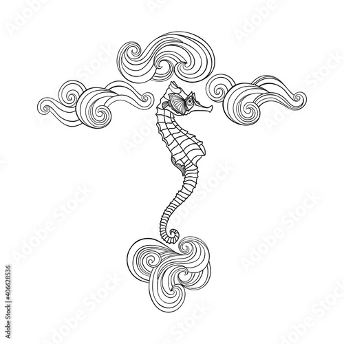 Marine illustration with seahorse, waves on white. Outline. Vector. Perfect as a greeting card, invitation, design element.