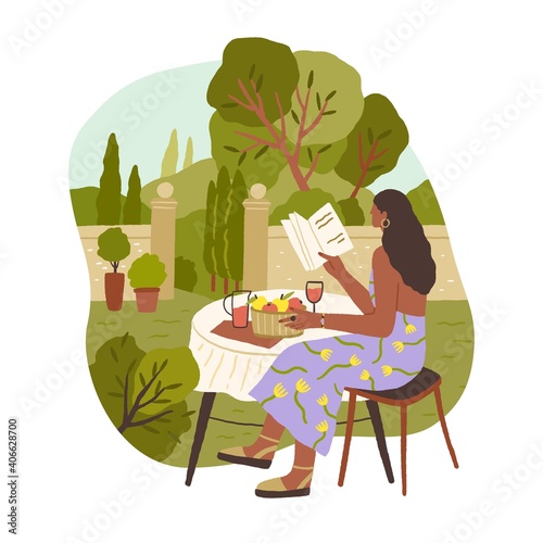 Young woman spending leisure time alone reading book and drinking wine, relaxing and enjoying slow life. Calm lazy people resting outdoor in solitude. Color flat vector illustration isolated on white