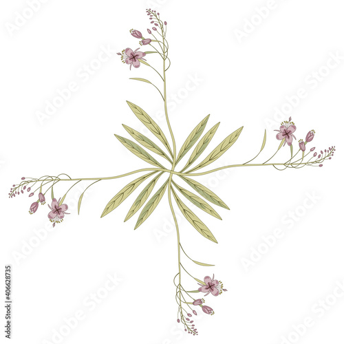 Square floral decor. Cross made of four branches of wild pink flower. Fireweed or Blooming Sally. Ivan Chai. photo