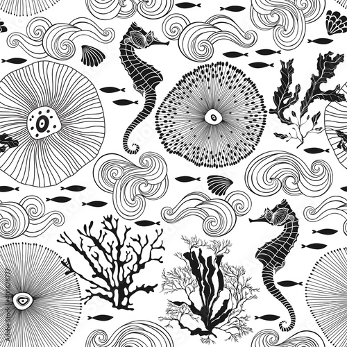 Sea. Abstract seamless pattern on the marine theme. Vector. Perfect for design templates, wallpaper, wrapping, fabric and textile.