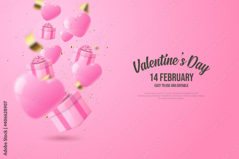 Valentine's day background with pink love balloons and 3d gift boxes.