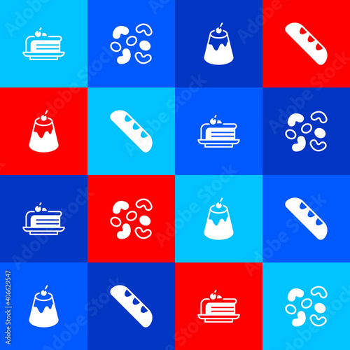 Set Piece of cake, Jelly candy, Pudding custard and French baguette bread icon. Vector.